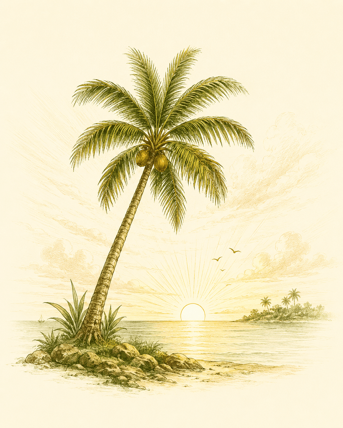 Coconut palm on the coast at sunrise