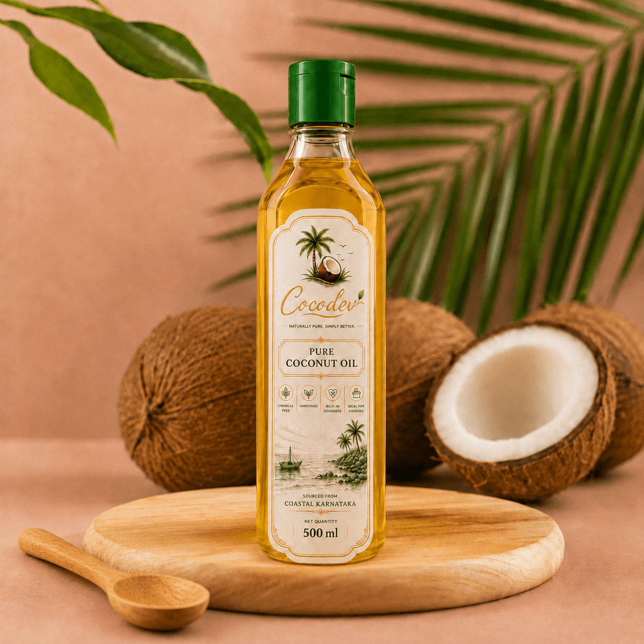 Premium Cocodev coconut oil bottle with coconut lifestyle styling